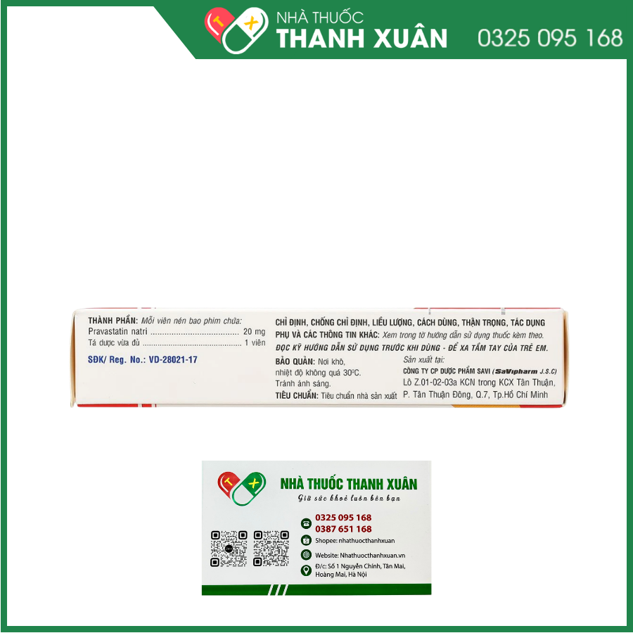 Thuốc Fasthan 20 SaVipharm điều trị rối loạn lipid máu, dự phòng biến cố tim mạch